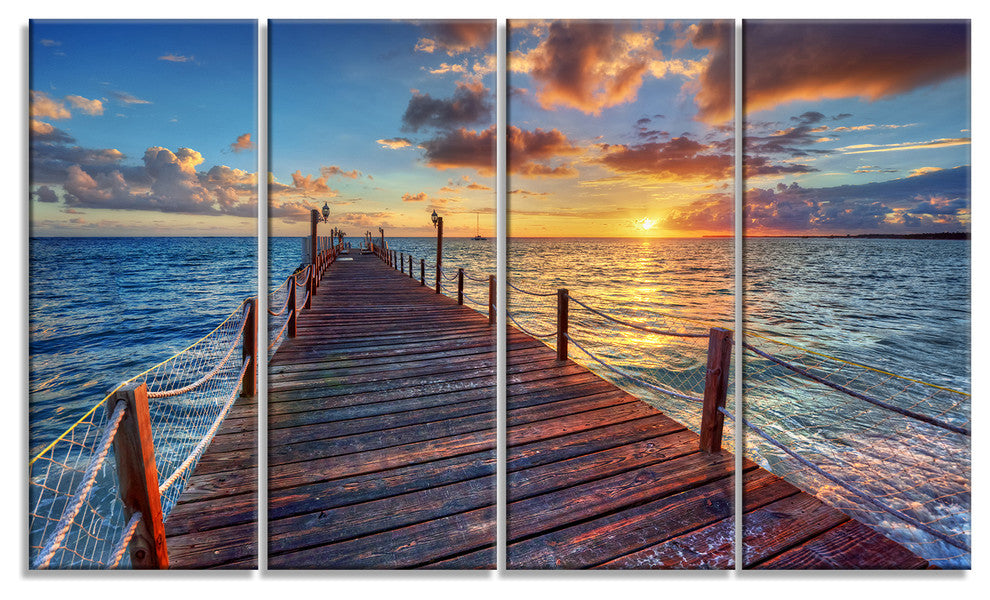 Beautiful Sunset over Sea Pier, Modern Canvas Art Print, 48"x28", 4 Panels