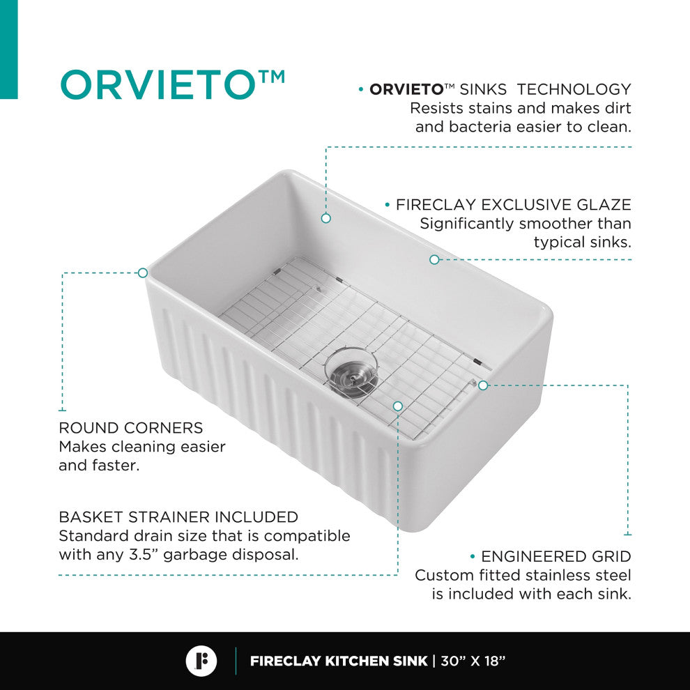 Orvieto Fireclay Farmhouse Kitchen Sink 30x18"