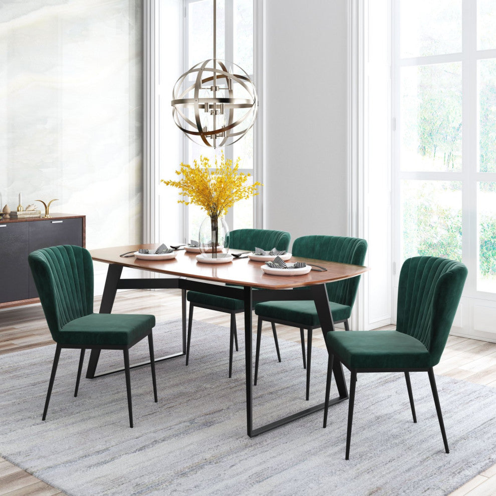 Dining Chair, Set of 2, Steel Metal, Fabric, Green, Black, Kitchen Cafe Bistro