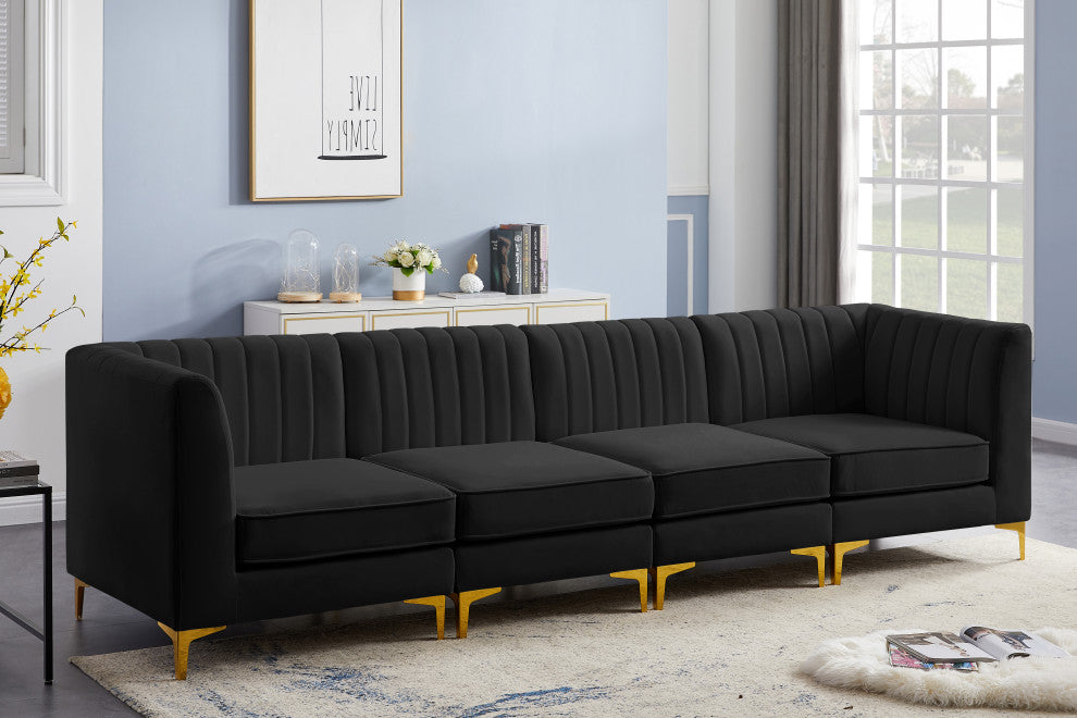 Alina Velvet Upholstered 4-Piece Modular Sofa, Black