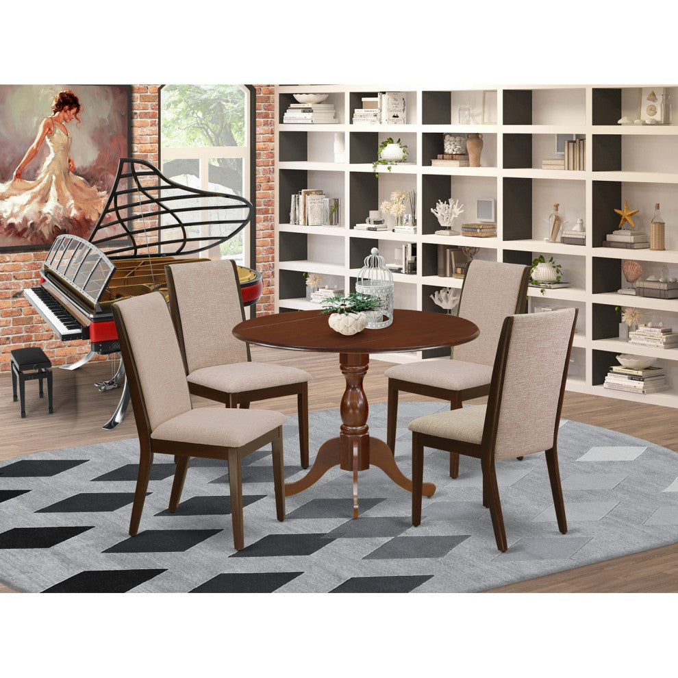 5 Pc Dining Set, Mahogany Wood Table, 4 Light Tan Upholstered Chairs, High Back