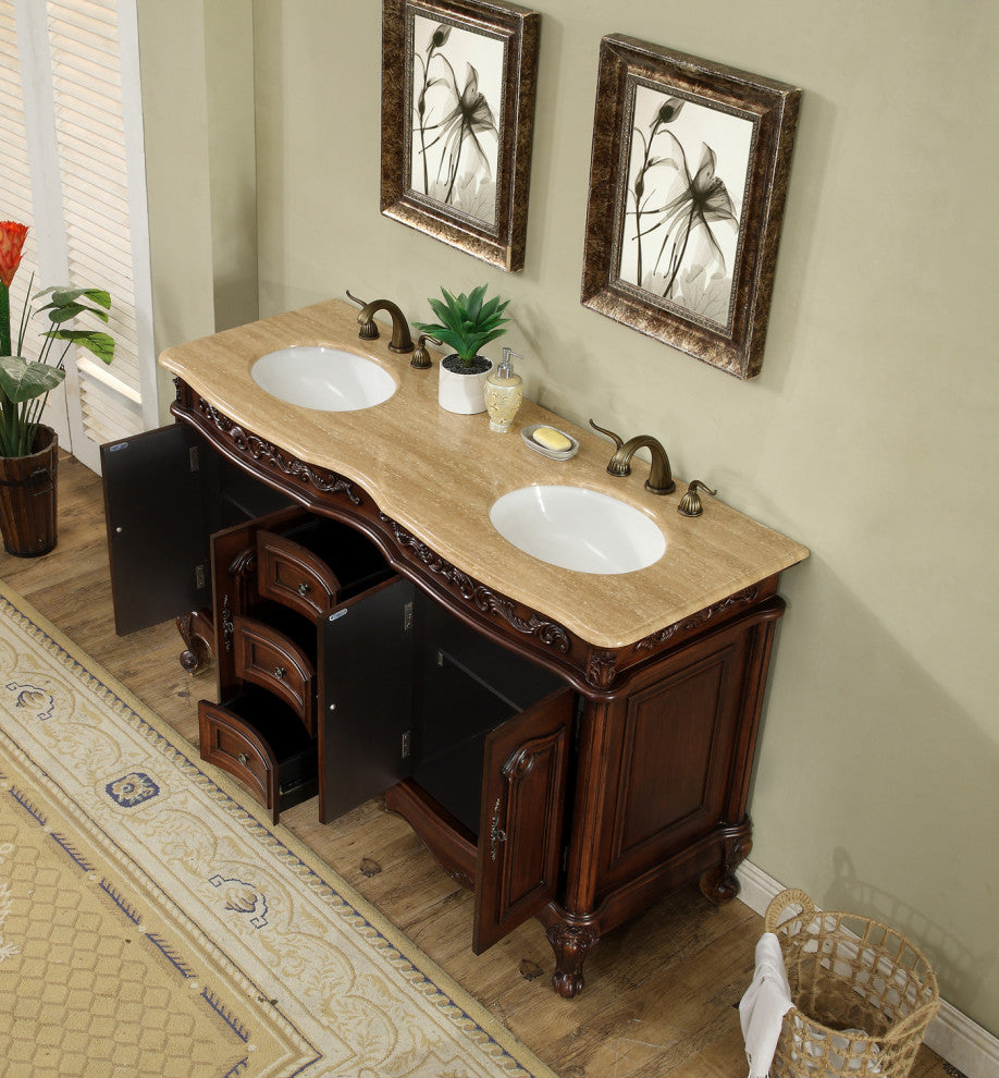 Cassandra 60" Dark Cherry Double Sink Bathroom Vanity, Travertine Marble Top