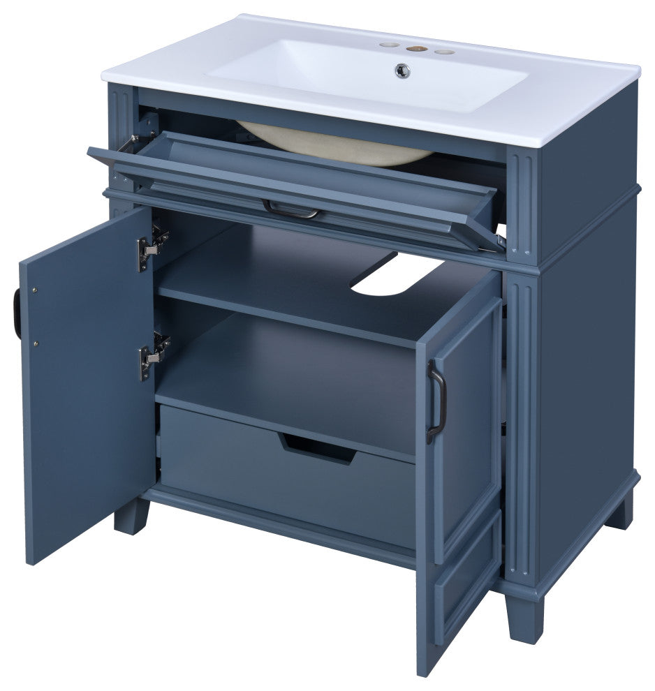 30 inches Freestanding Bath Vanity Set, Blue, Integrated Ceramic Sink