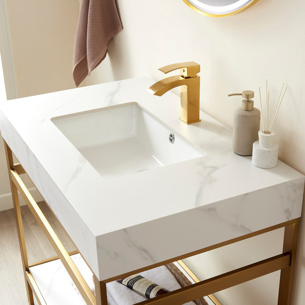 Funes Bath Vanity with Mirror, Brushed Gold Support, 36'', White Stone Top