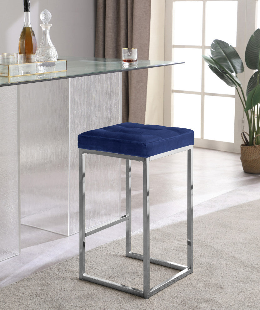 Nicola Counter Stool, Set of 2, Navy, Velvet, Chrome Base