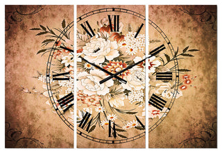 White and Yellow Floral Pattern Traditional 3 Panels Metal Clock