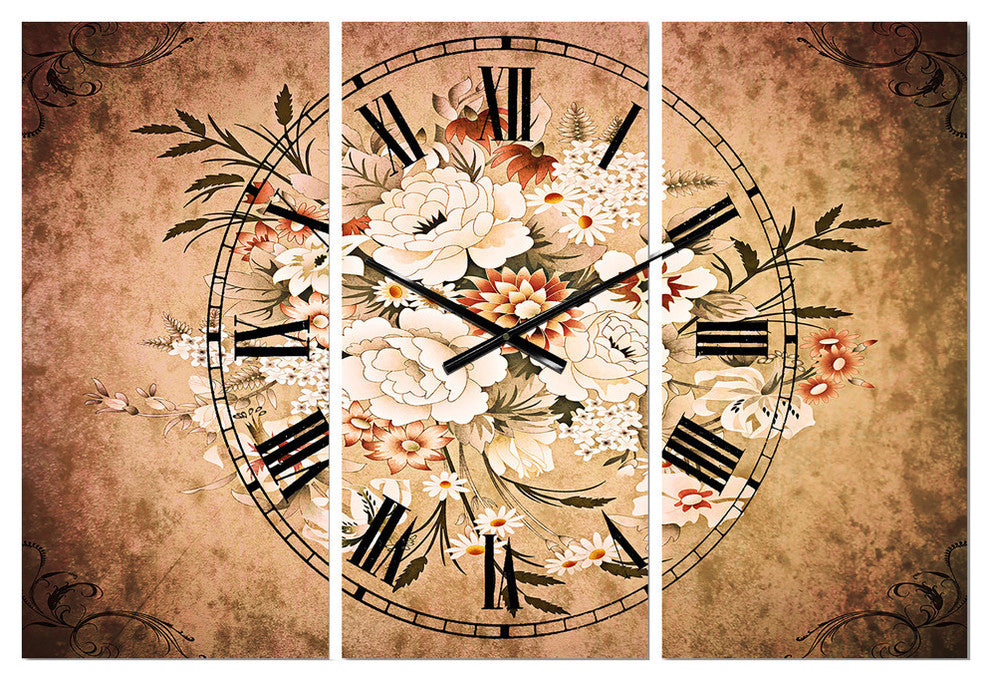 White and Yellow Floral Pattern Traditional 3 Panels Metal Clock