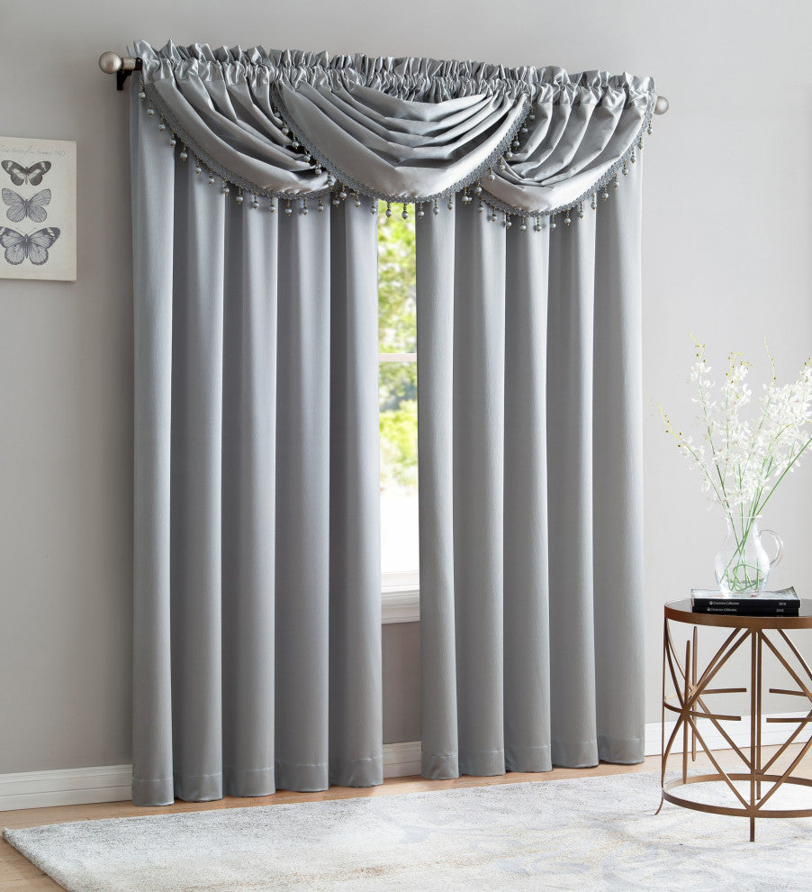 Bridget 5 Piece Curtain Set with Beaded Austrian Valances, Silver
