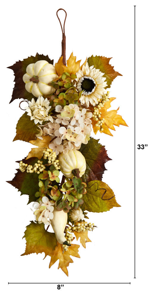 33" Fall Sunflower, Hydrangea and White Pumpkin Artificial Autumn Teardrop