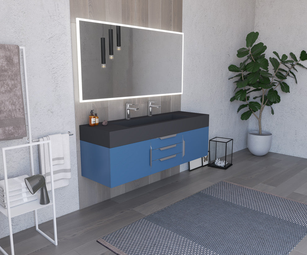 CastelloUSA Nile 60" Wall Mounted Vanity Set, Blue, Black Top, Brushed Nickel