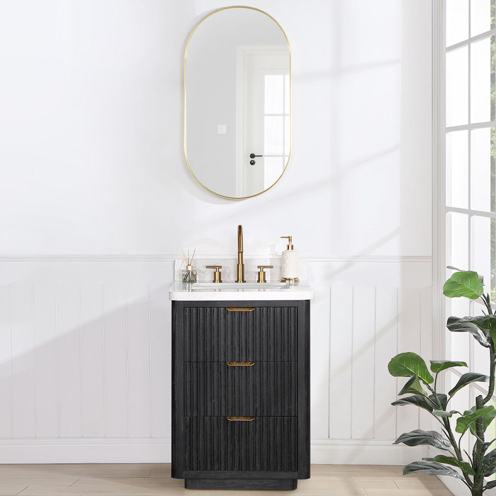 Vinnova Cadiz Bath Vanity, Composite Stone Top, Black, 24", With Mirror