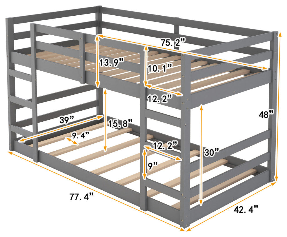 Gewnee Twin Over Twin Bunk Bed with Ladder in Gray