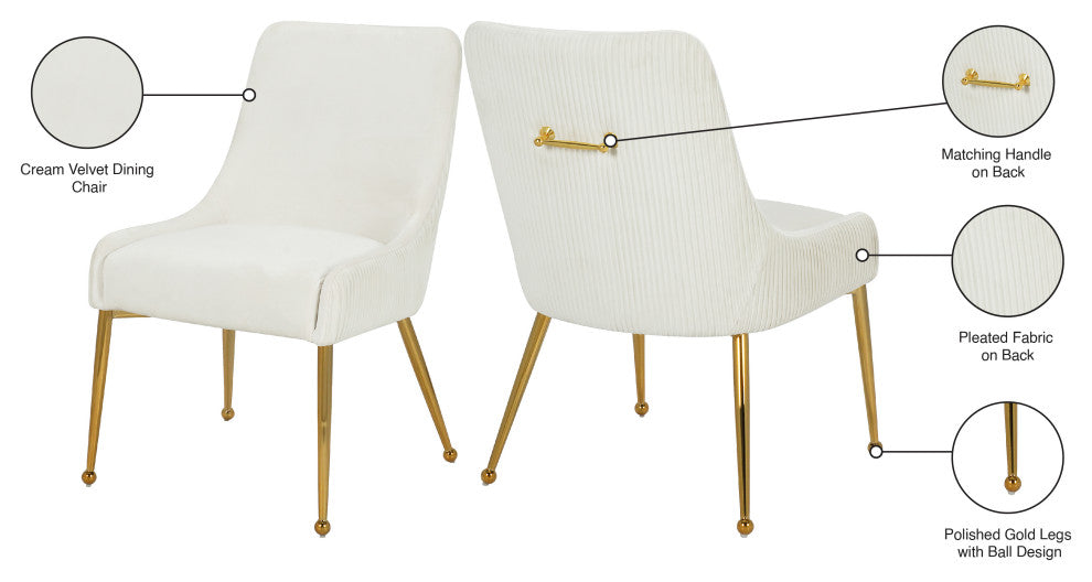 The Ace Dining Chair, Cream and Gold, Pleated Velvet, Set of 2
