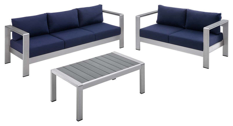 Shore Sunbrella Fabric Outdoor Patio Aluminum 3 Piece Set Silver Navy