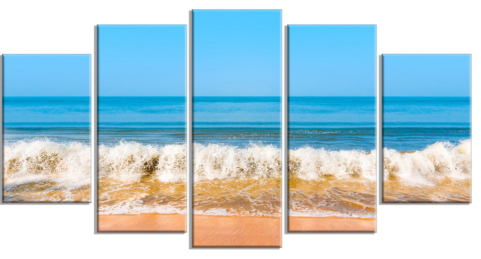 "Beautiful Blue Sea And Roaring Waves" Beach Canvas Wall Art, 5 Panels, 60"x32"