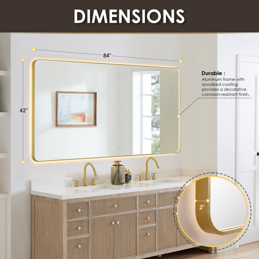 Dazzle Rectangular Bathroom/Vanity LED Lighted Wall Mirror, Brushed Gold, 84"