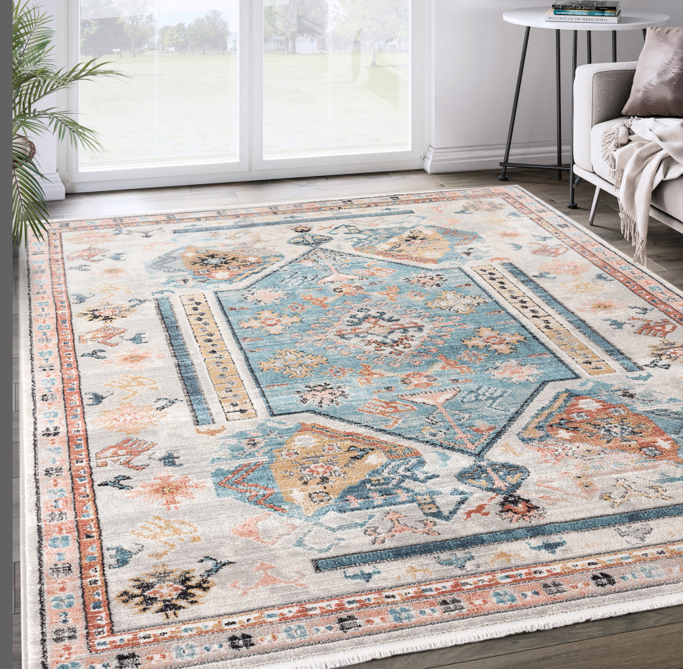 Abani Azure Collection AZR130A Beige Teal Geometric Medallion Area Rug