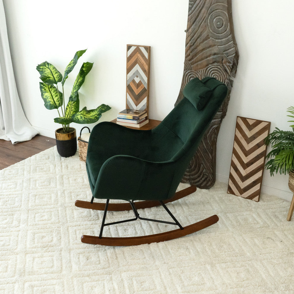Rumi Mid-Century Modern Indoor Nursery Rocking Chair, Dark Green