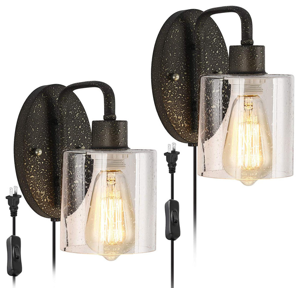 2 Pack Plug In Wall Sconce Black Wall Mounted Sconce With Seeded Glass Shade
