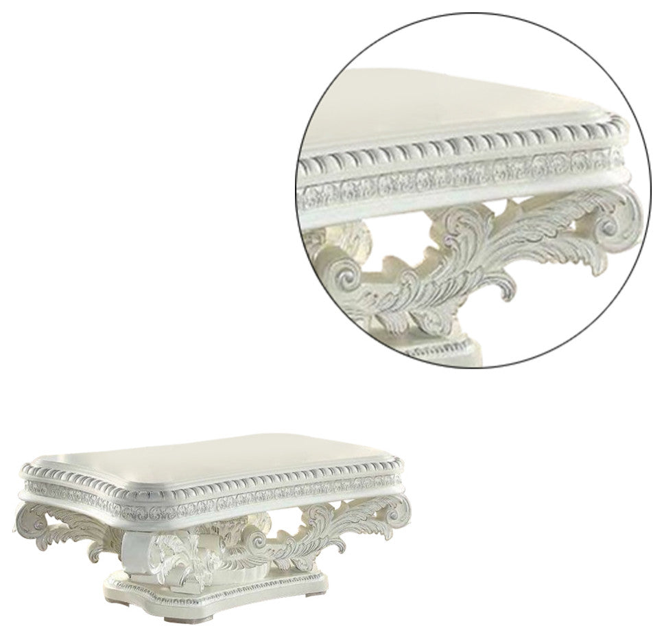 Benzara BM276274 Coffee Table, Raised Scrolled Pedestal, Ornate Motif, White