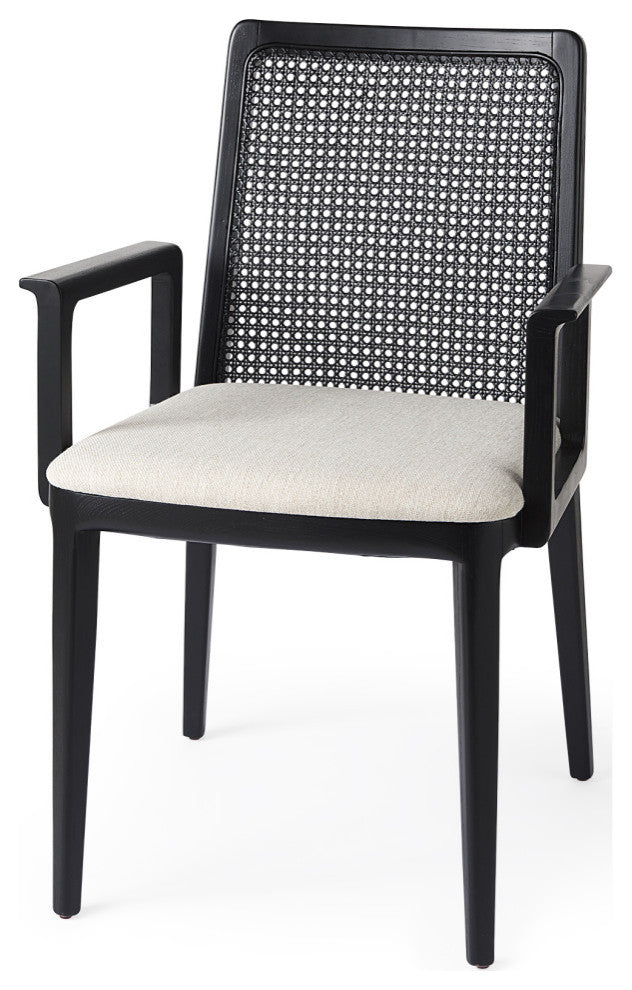 Clara Cream Fabric Seat And Cane Back With Black Solid Wood Frame Dining Chair