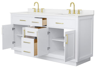 Beckett TK 66" White Double Vanity, White Quartz Top, 3-Hole, Gold Trim