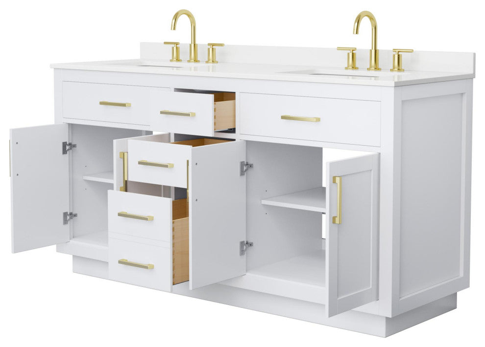 Beckett TK 66" White Double Vanity, White Quartz Top, 3-Hole, Gold Trim