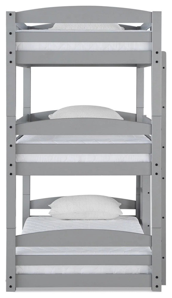 Transitional Triple Floor Bunk Bed, Safety Guardrails & Integrated Ladder, Gray
