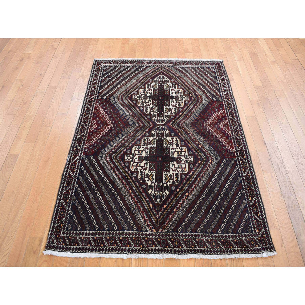 Blue Vintage Persian Shiraz Design Pure Wool Hand Knotted Rug 4'1" x 5'9"