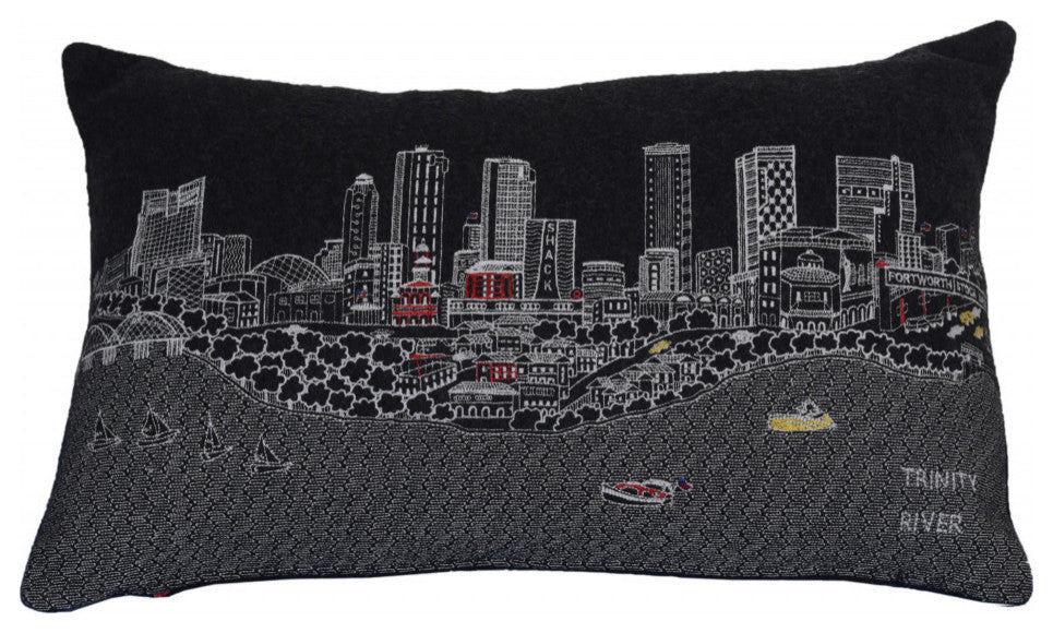 25" Black Fort Worth Nighttime Skyline Lumbar Decorative Pillow