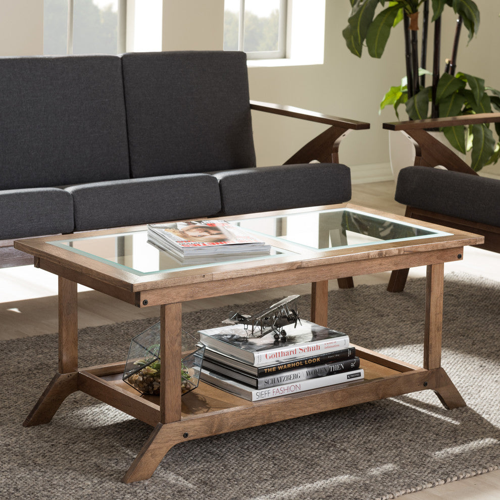 Cayla Mid-Century Walnut Brown Wood Living Room Glass-Top Coffee Table