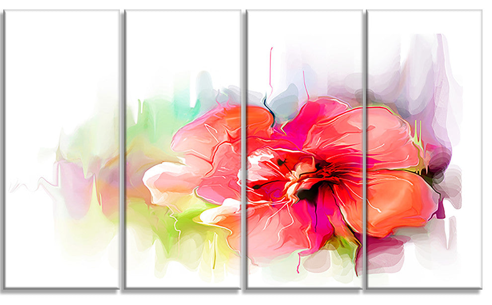Beautiful Red Floral Watercolor, Floral Canvas Art Print, 48"x28", 4 Panels