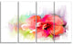 Beautiful Red Floral Watercolor, Floral Canvas Art Print, 48"x28", 4 Panels