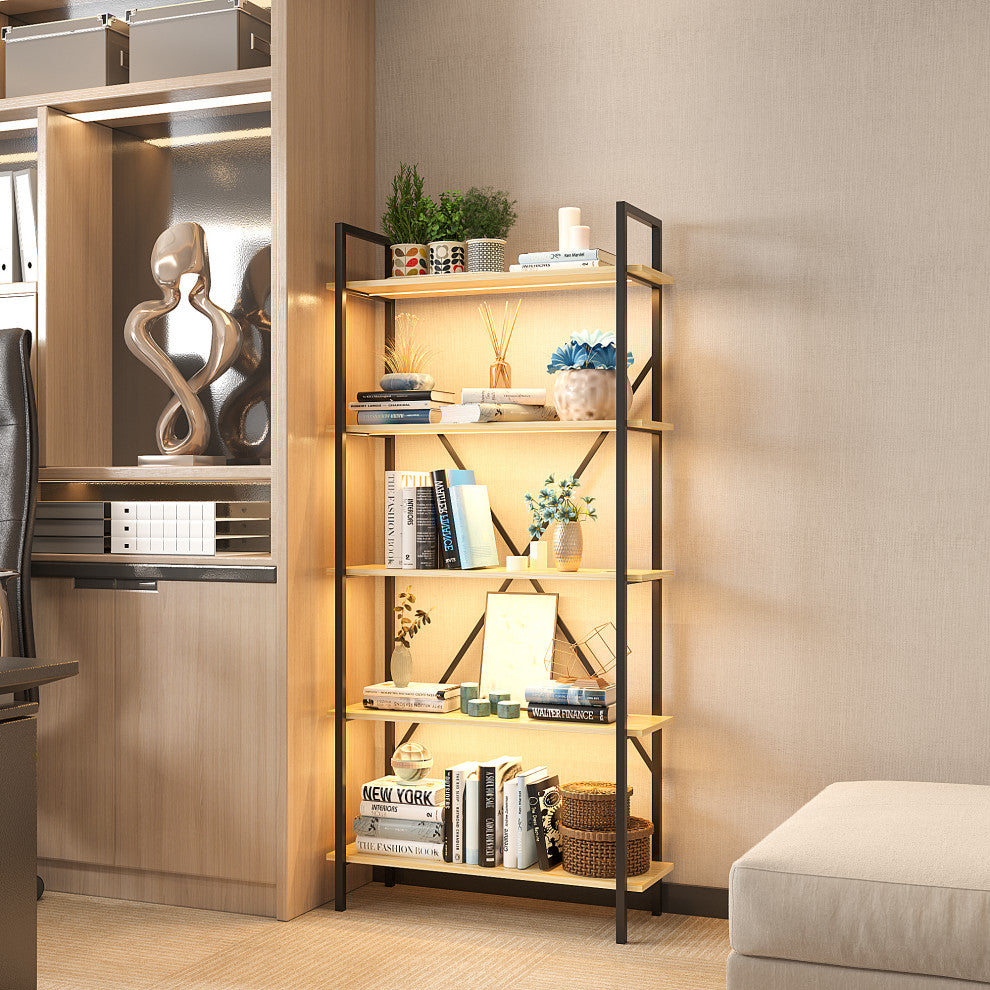 Multifunctional Smart Industrial 5-Shelf Bookcase W/ Tricolor Dimming LED Light,