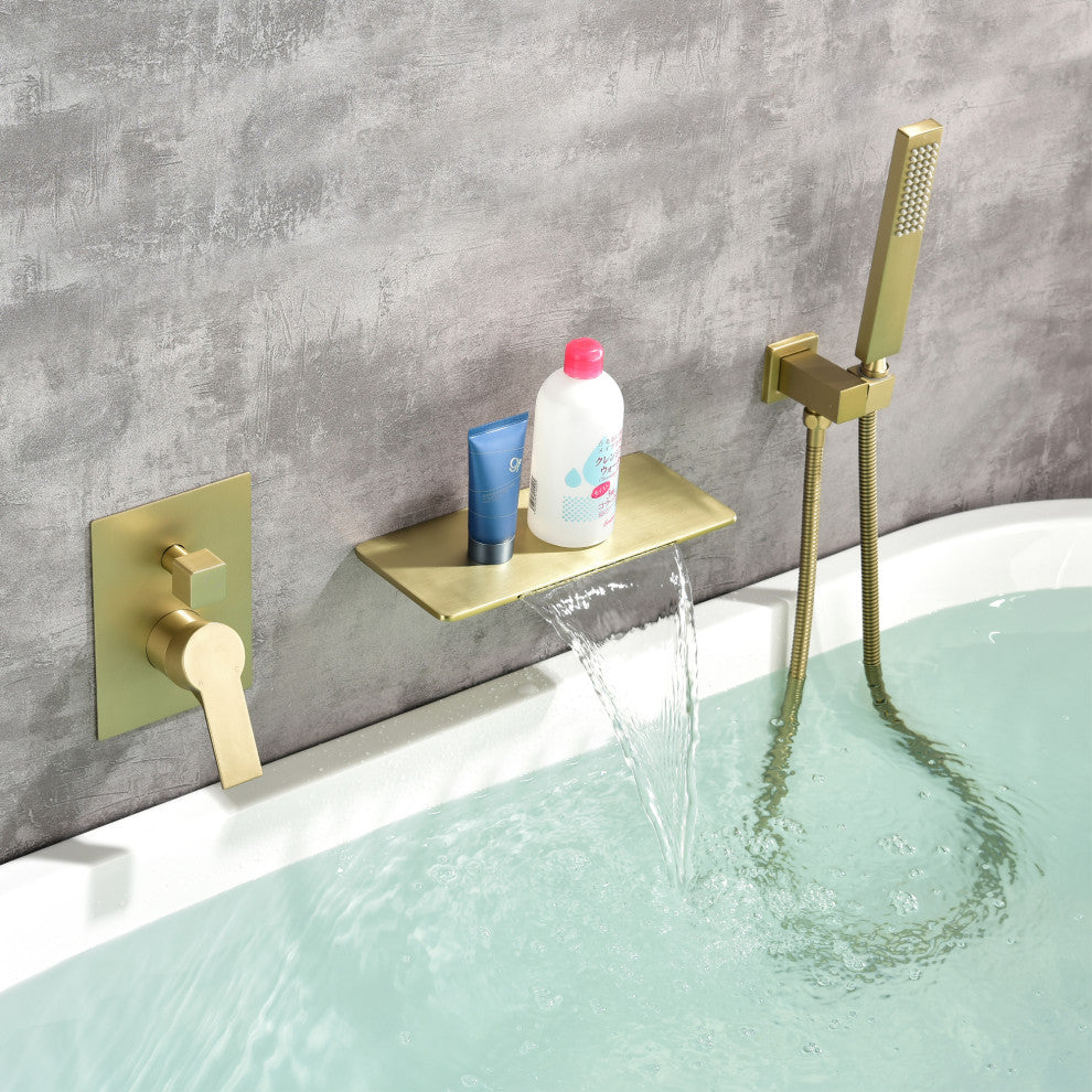 Wellfor Shower Faucet Set, Handheld Shower and Waterfall Tub Spout, Brushed Gold
