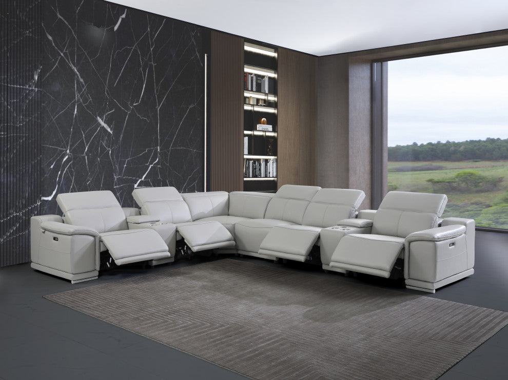 Federico 8-Piece L-Shaped Top Grain Italian Leather Sectional-4 Power Recliners, Light Gray