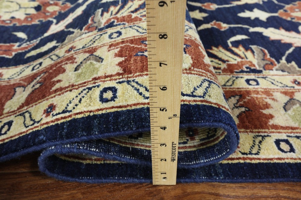 Oushak Style Pakistani Chobi Blue Floral Hand-Knotted Wool Rug, 5'x7'