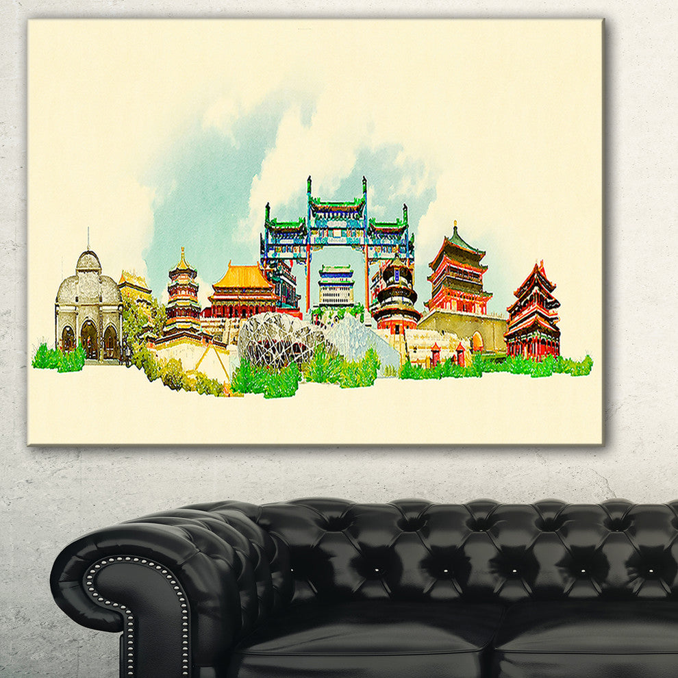 "Beijing Panoramic View" Cityscape Watercolor Canvas Print, 40"x30"