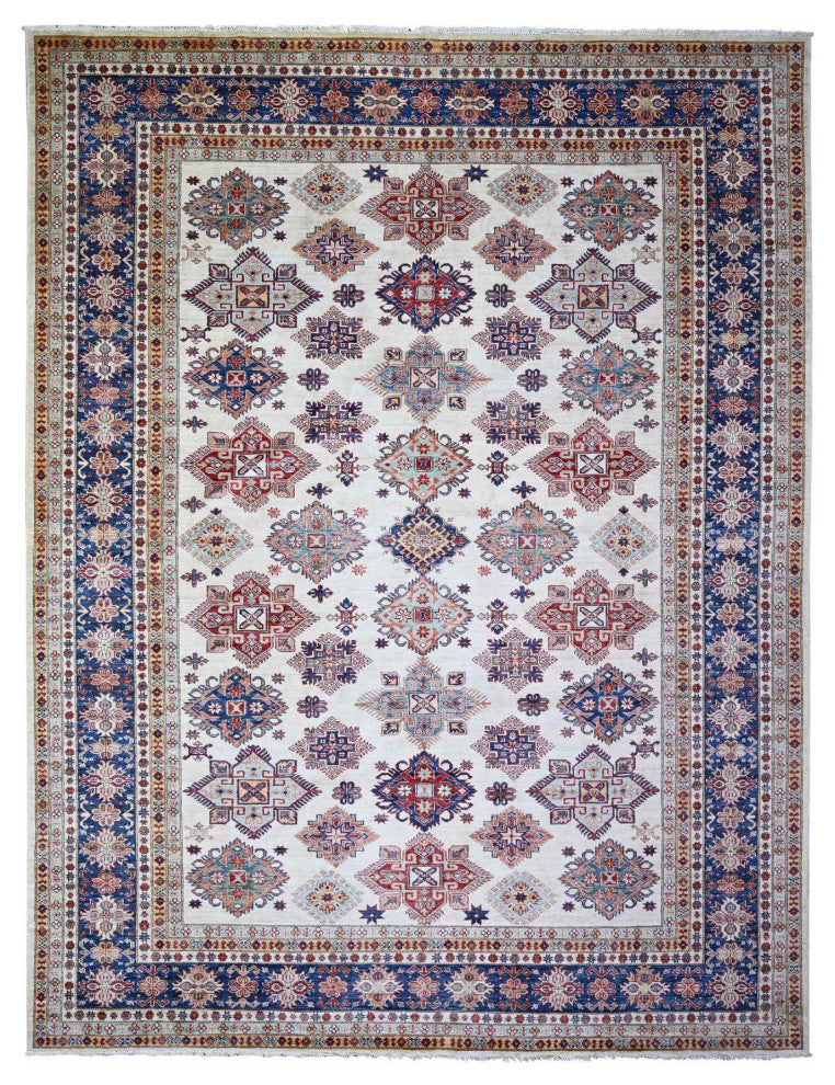 Smoky White Wool Hand Knotted Afghan Super Kazak Oriental Rug, 9'2"x11'10"