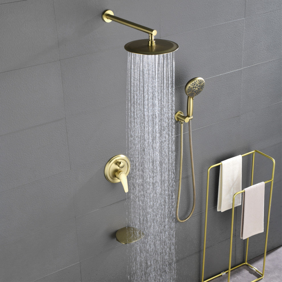 Waterfall Tub Spout Shower System, Handheld Shower Head, Brushed Gold