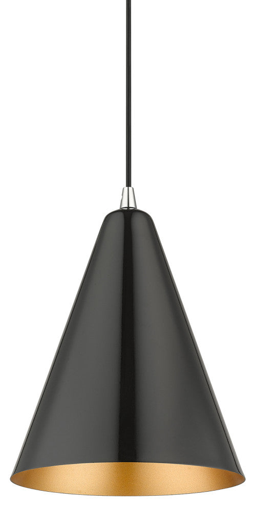 Dulce 1-Light Shiny Black Cone Pendant, Polished Chrome Accents
