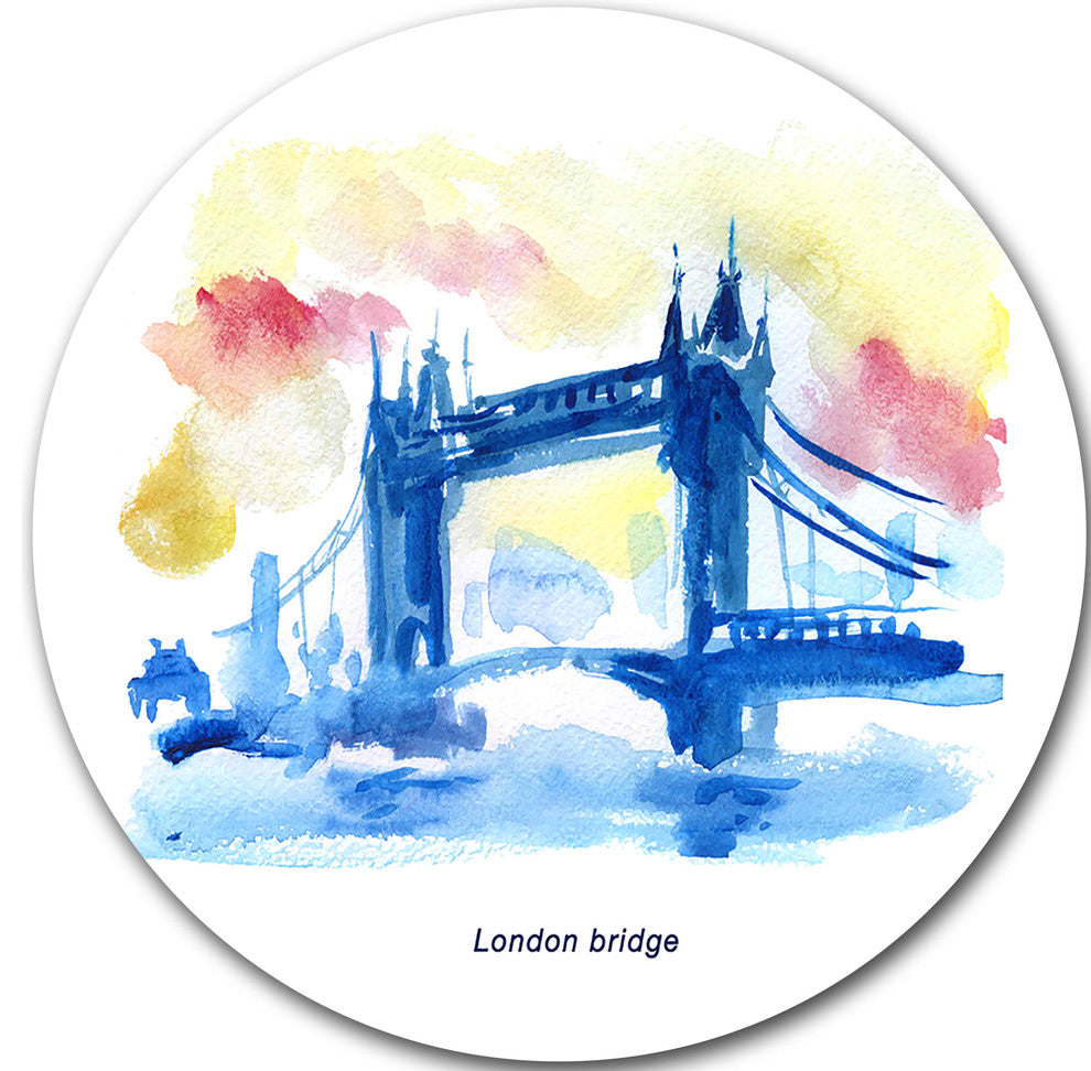 London Hand-Drawn Illustration, Cityscape Disc Metal Wall Art, 23"