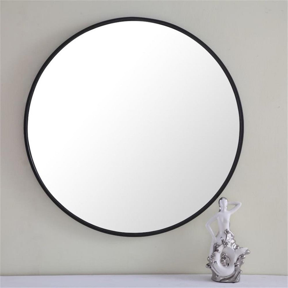 Pemberly Row 28" Round Contemporary Metal Frame Mirror in Black