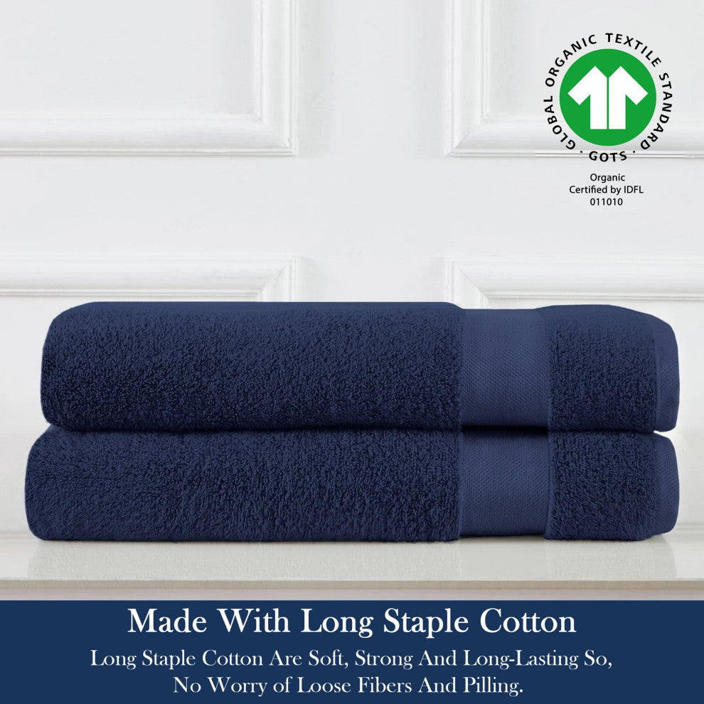 Delara 100% Organic Cotton Plush Hand Towels, Set of 2, 20"x30", Navy Blue