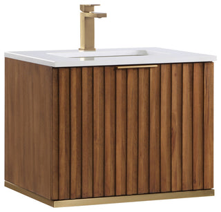 Terra Bathroom Vanity, Walnut/Satin Brass With White Quartz, 24", White Quartz Top