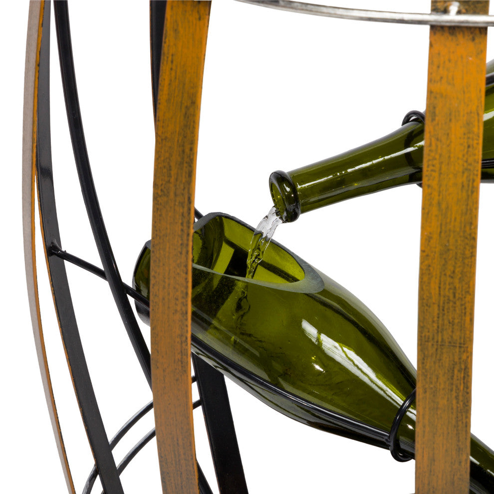 Alpine Metal Tiered Wine Bottles in a Barrel Fountain, 31" Tall