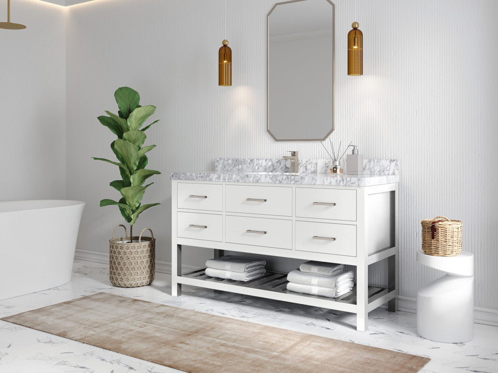Parker 60 Single Sink Bathroom Vanity in White 2" Carrara Marble