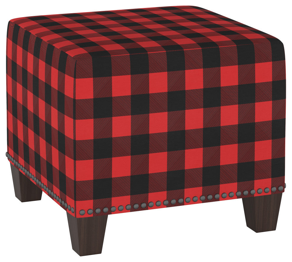 Quinn Square Nail Button Ottoman, Classic Gingham Red Black