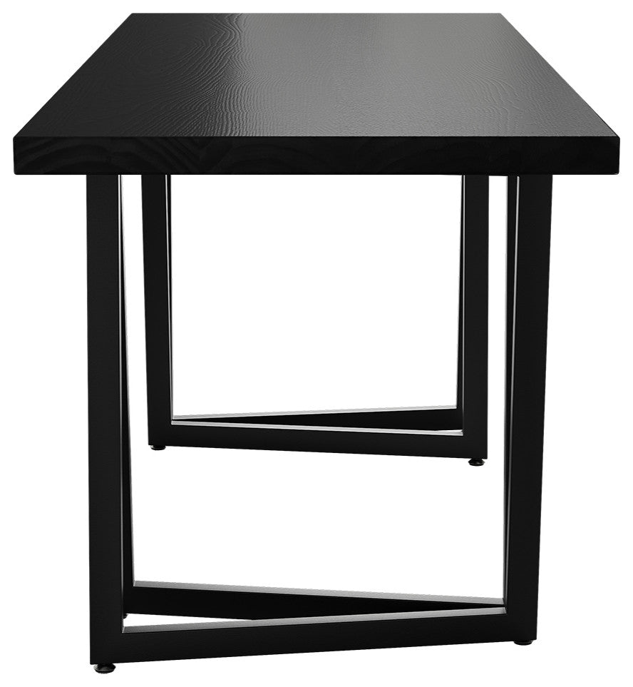 63" Rectangular Dining Table Black Solid Wood Table Top Square Metal Base, Black
