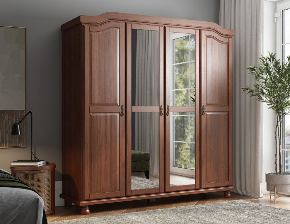 100% Solid Wood Kyle 4-Door Wardrobe Armoire With Mirrors, Mocha